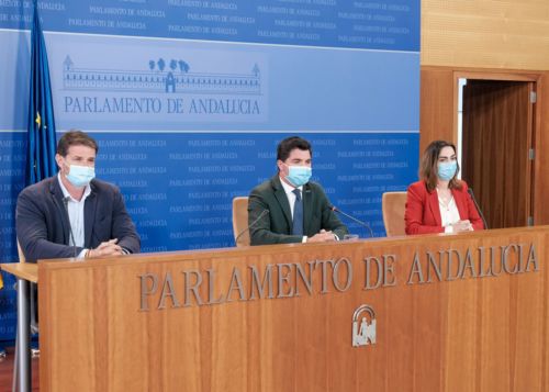 El presidente de la Comisin Enrique Moreno, en el centro de la imagen, en la rueda de prensa posterior a la sesin de hoy