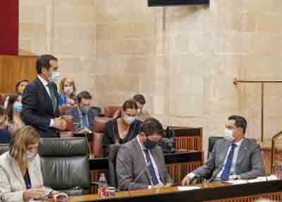  El presidente de la Junta de Andalucía, Juan Manuel Moreno, escucha la pregunta del portavoz popular 