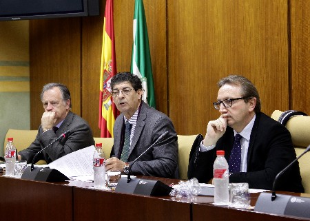 El consejero de Administracin Local y Relaciones Institucionales, Diego Valderas, durante su comparecencia de hoy en la correspondiente comisin parlamentaria