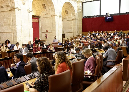 Los grupos IULV-CA, Podemos y Ciudadanos, durante el discurso
