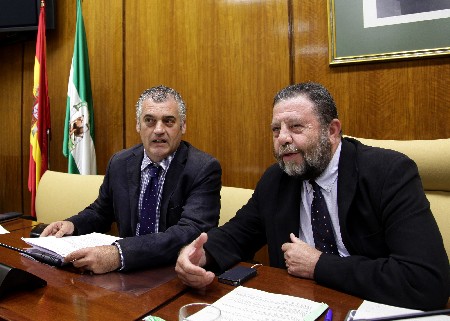 El consejero de Empleo, Empresa y Comercio, Javier Carnero, junto al presidente de la comisin del ramo, Antonio Snchez Villaverde