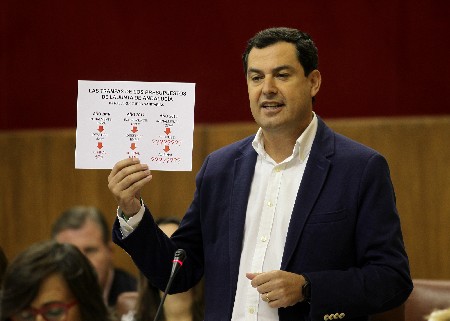 Juan Manuel Moreno, presidente del Grupo Popular, durante su intervencin en la sesin de control a la presidenta de la Junta de Andaluca