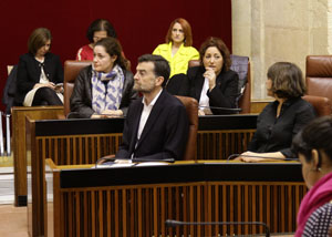 El portavoz y las diputadas del Grupo IULV-CA, en el Pleno institucional del 28 de febrero