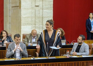 ngela Aguilera, presidenta del Grupo Adelante Andaluca, formula una pregunta al presidente de la Junta de Andaluca 