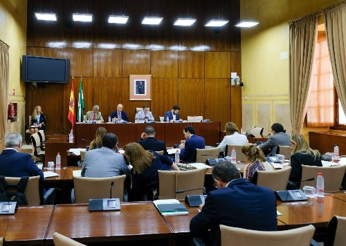 Vista general de la Mesa de la Comisin de Educacin y Deporte y de los diputados integrantes durante la comparecencia del consejero del ramo 