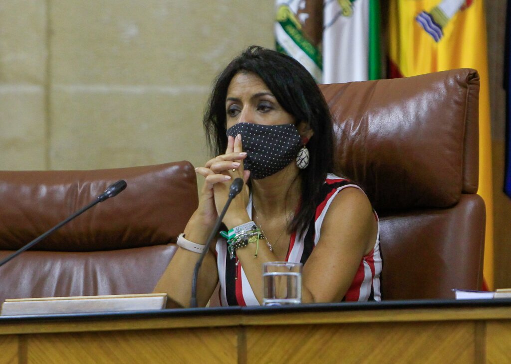 La presidenta del Parlamento de Andaluca, Marta Bosquet, espera a que los diputados ocupen sus escaos para iniciar la sesin plenaria 