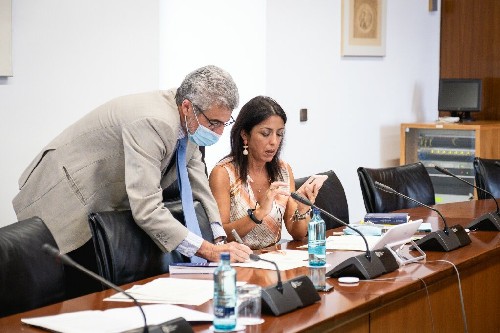   La presidenta, Marta Bosquet, y el letrado mayor, ngel Marrero, consultan una cuestin antes de la Diputacin Permanente 
