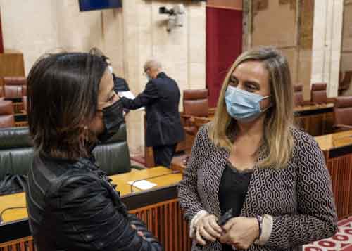 La presidenta del Parlamento, Marta Bosquet, y la consejera de Fomento, Marifrn Carazo, conversan antes del Pleno 