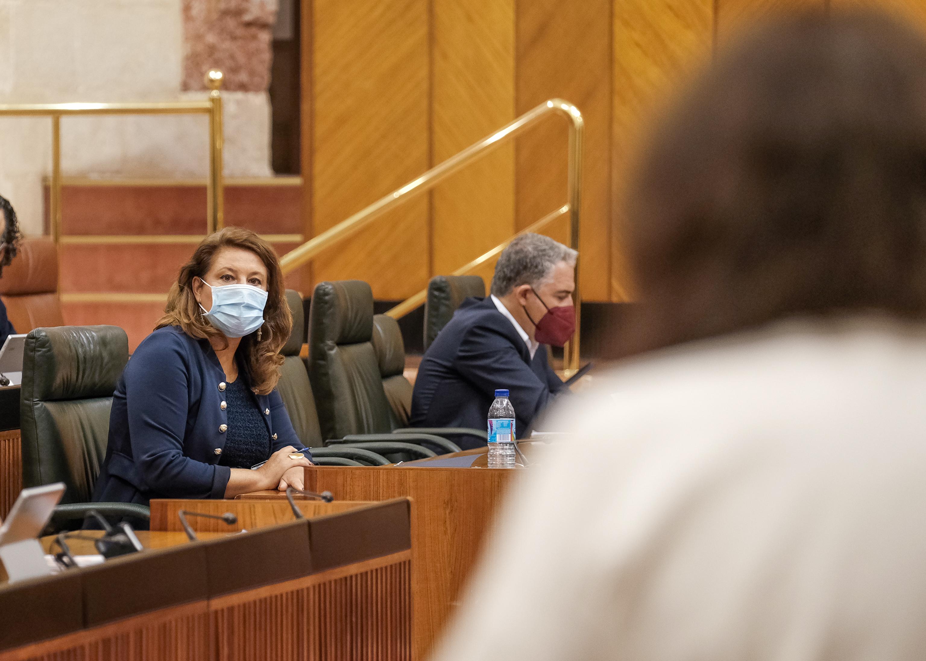 Carmen Crespo, consejera de Agricultura, Ganadera, Pesca y Desarrollo Sostenible, escucha a la diputada 