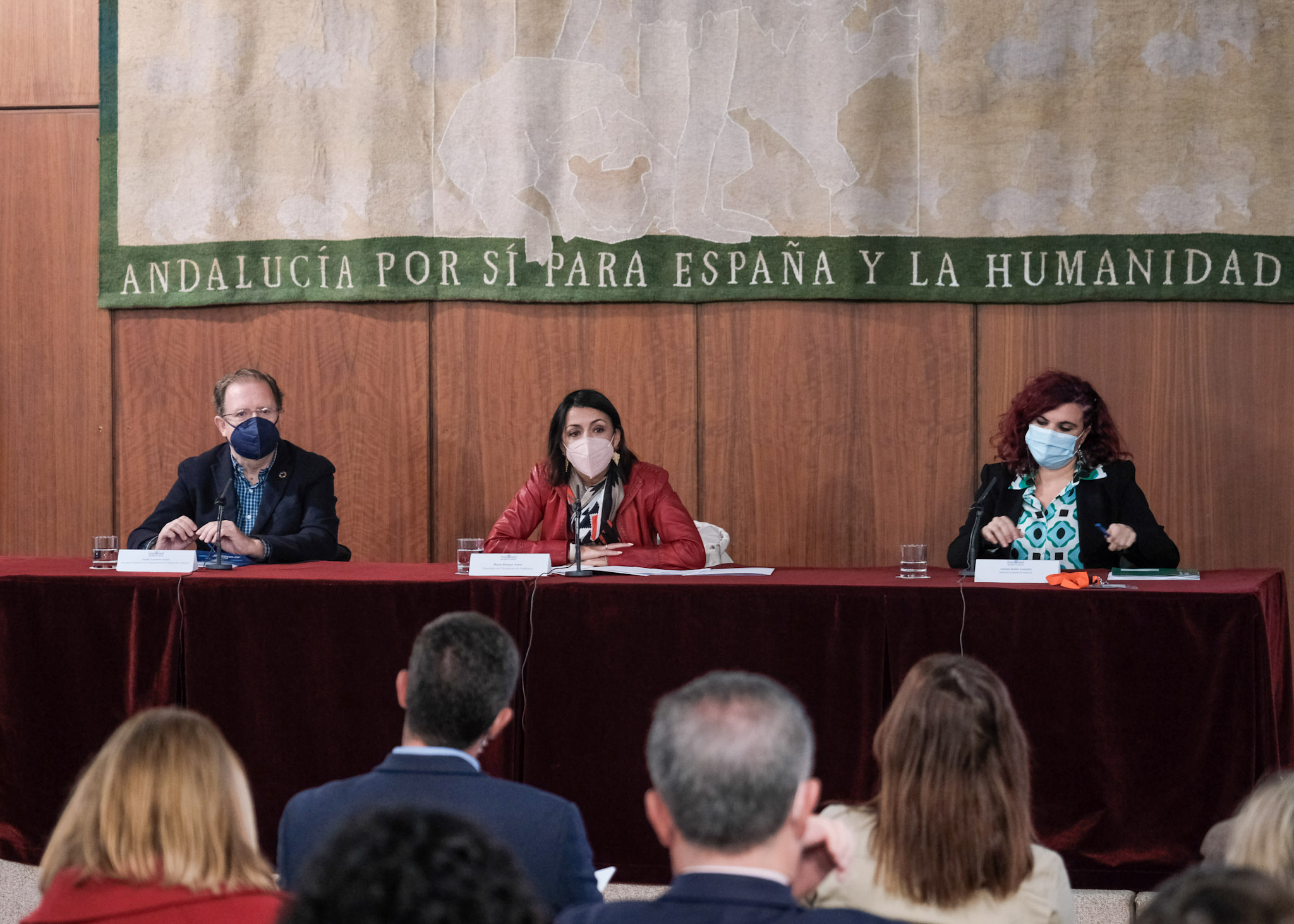 Marta Bosquet, presidenta del Parlamento de Andaluca, toma la palabra acompaada de los representantes de la Plantaforma de Organizaciones de Infancia
