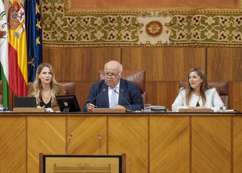   Jess Aguirre, presidente del Parlamento, junto a la vicepresidenta primera, Ana Mara Mestre, y la vicepresidenta segunda, Irene Garca, al inicio de la sesin plenaria