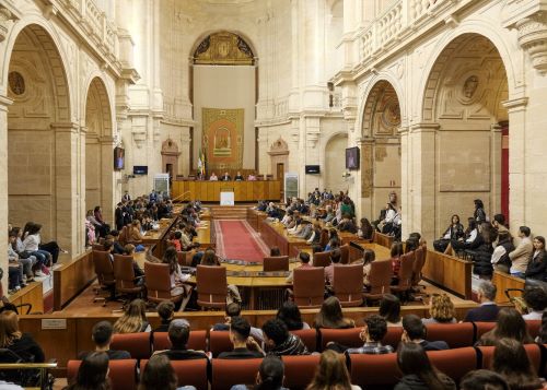 Saln de plenos lleno de pblico entre jvenes, personalidades y premiados durante el desarrollo de las jornadas de Escuela de Paz 