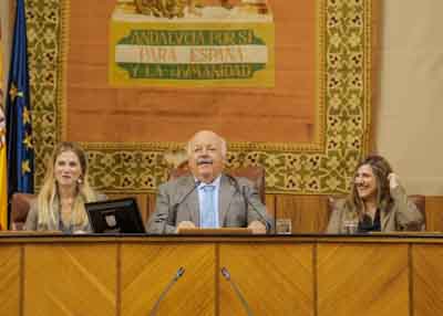  El presidente del Parlamento, Jess Aguirre, la vicepresidenta primera, Ana Mara Mestre, y la vicepresidenta segunda, Irene Garca, antes del comienzo del pleno