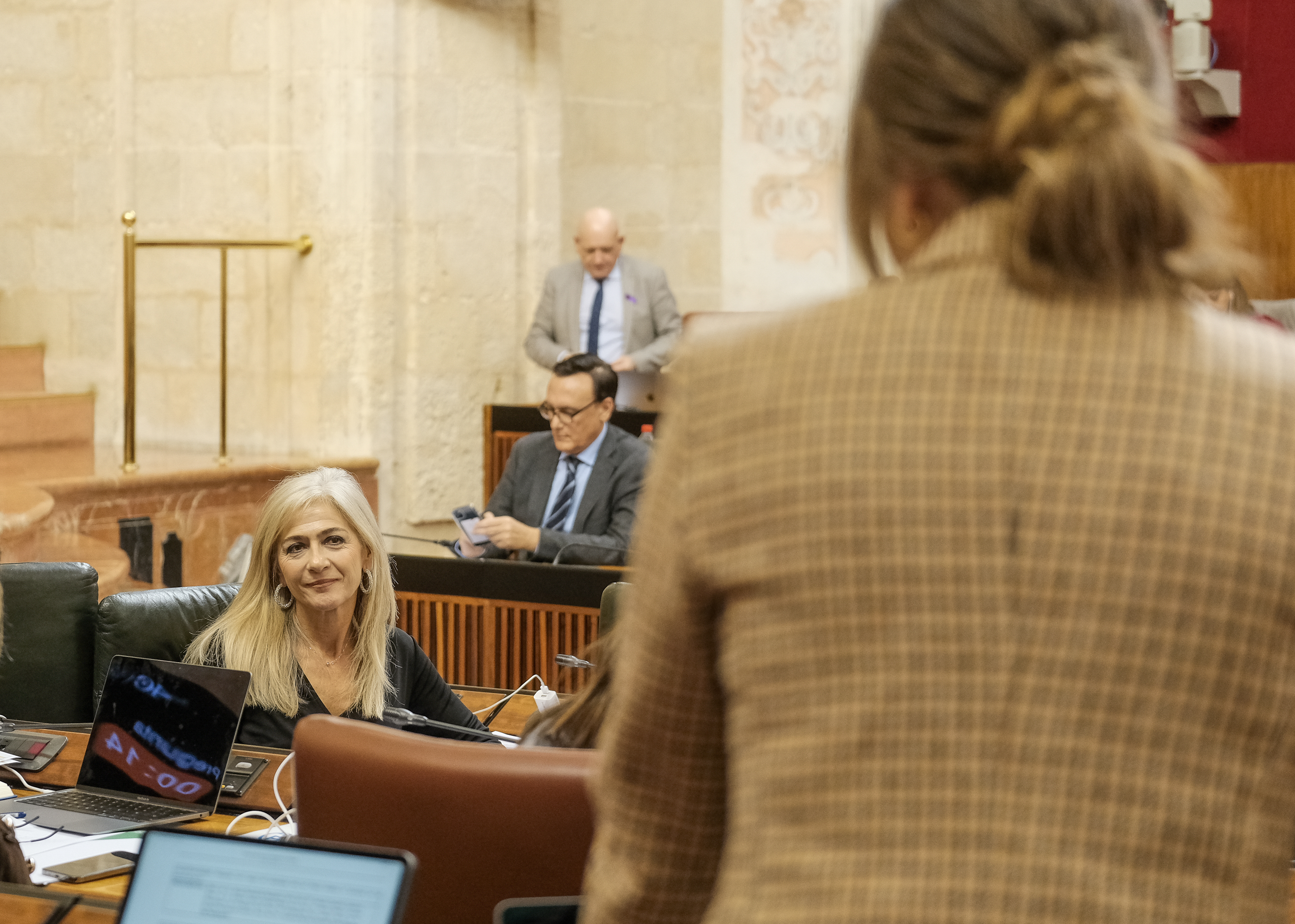 La consejera de Desarrollo Educativo, Patricia del Pozo, escucha a la diputada 