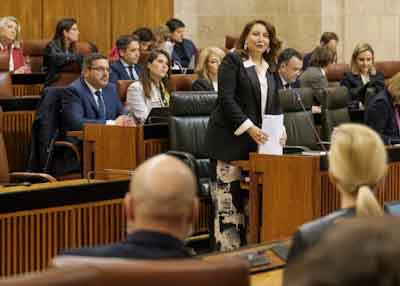 La consejera de Agricultura, Carmen Crespo, contesta a la pregunta que le dirige el diputado 