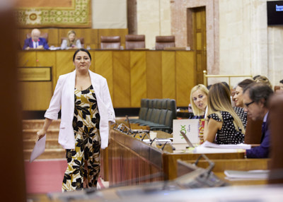 La diputada del Grupo Por Andaluca vuelve a su escao tras manifestar la postura en la mocin presentada por Blanca Armario 