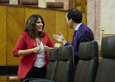 La portavoz socialista Mara de los ngeles Frriz conversa con el diputado popular Miguel ngel Ruiz antes del pleno 