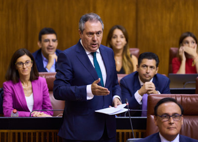   El portavoz del Grupo Socialista, Juan Espadas, pregunta al presidente de la Junta de Andaluca, Juan Manuel Moreno, sobre desarrollo econmico de