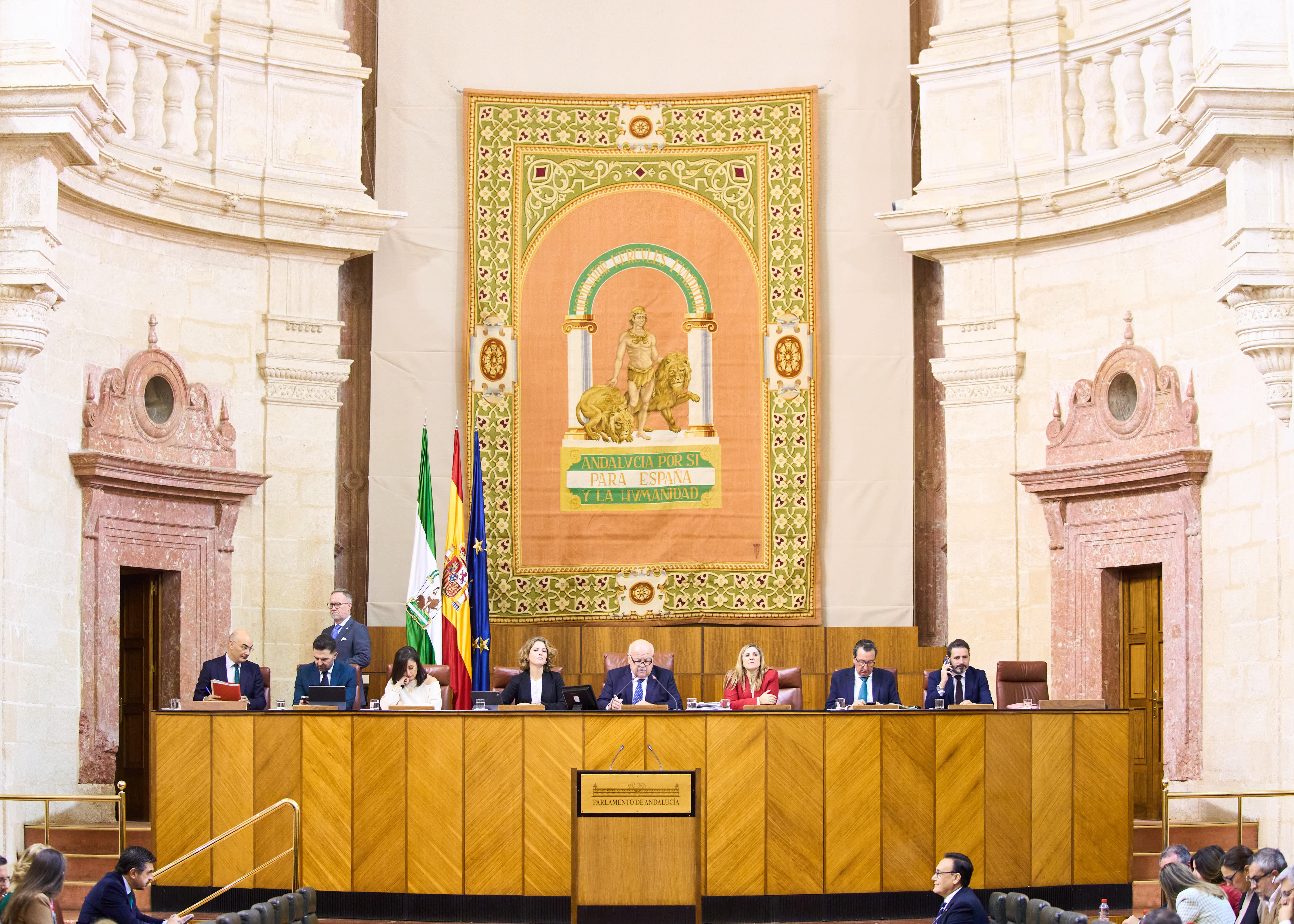  El presidente del Parlamento, Jess Aguirre, se dirige al Pleno acompaado de la Mesa de la Cmara