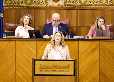  El presidente del Parlamento, Jess Aguirre, junto con las vicepresidentas Ana Mara Mestre e Irene Garca durante la presentacin de la consejera