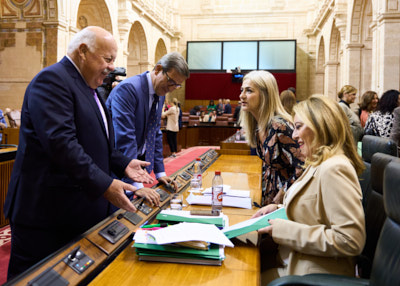  El presidente del Parlamento, Jess Aguirre, conversa antes de la sesin con la consejera de Economa, Carolina Espaa, en presencia de los consejeros de Desarrollo Educativo, Patricia del Pozo, y de Industria, Jorge Paradela