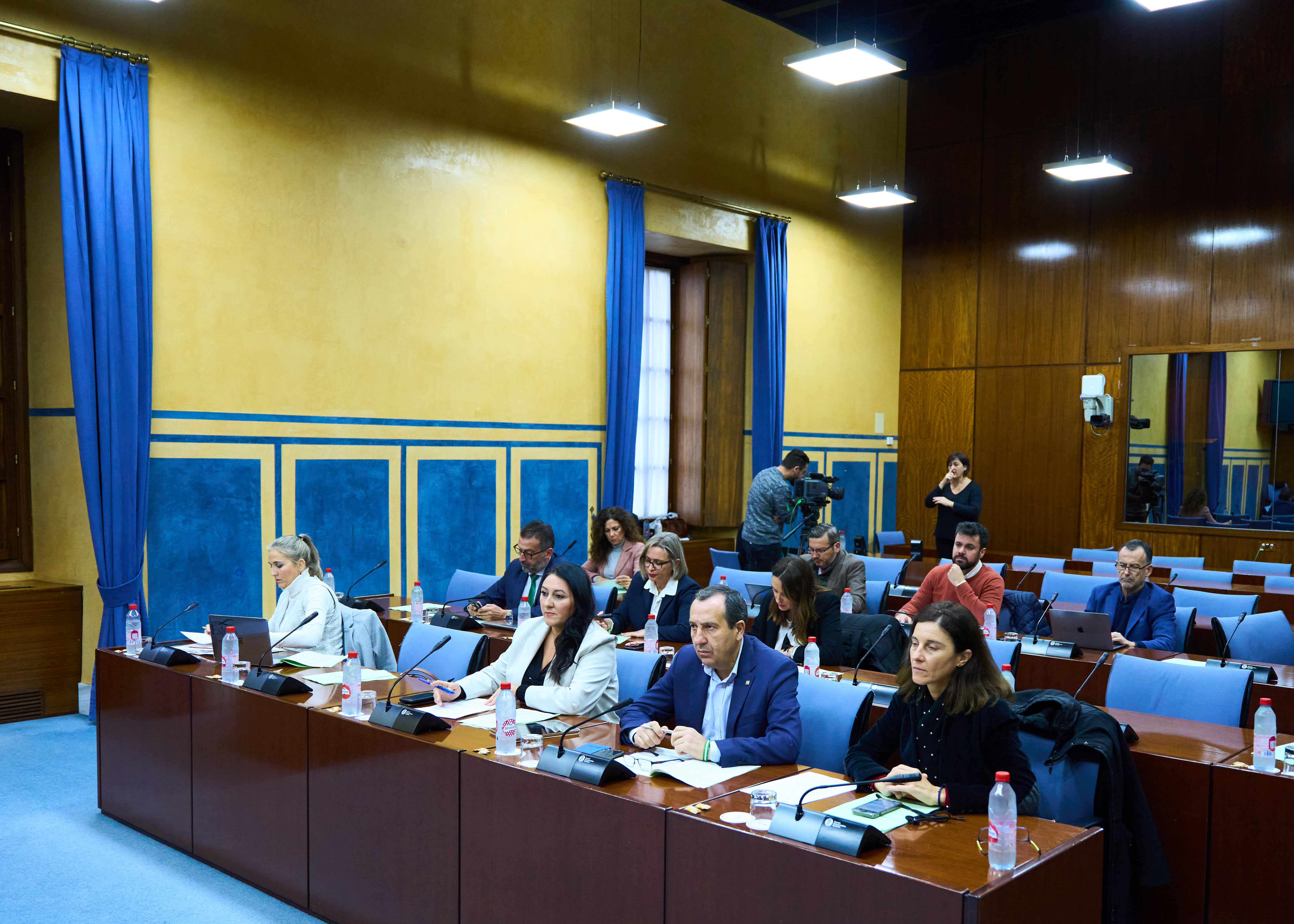 Diputados de la Comisin sobre Derechos y Atencin a las Personas con Discapacidad con la intrprete del lenguaje de signos al fondo durante la sesin de esta maana