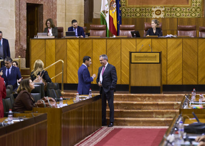    El presidente de la Junta de Andaluca, Juan Manuel Moreno, conversa con el portavoz del Grupo Socialista, Juan Espadas, una vez finalizadas las preguntas al presidente 