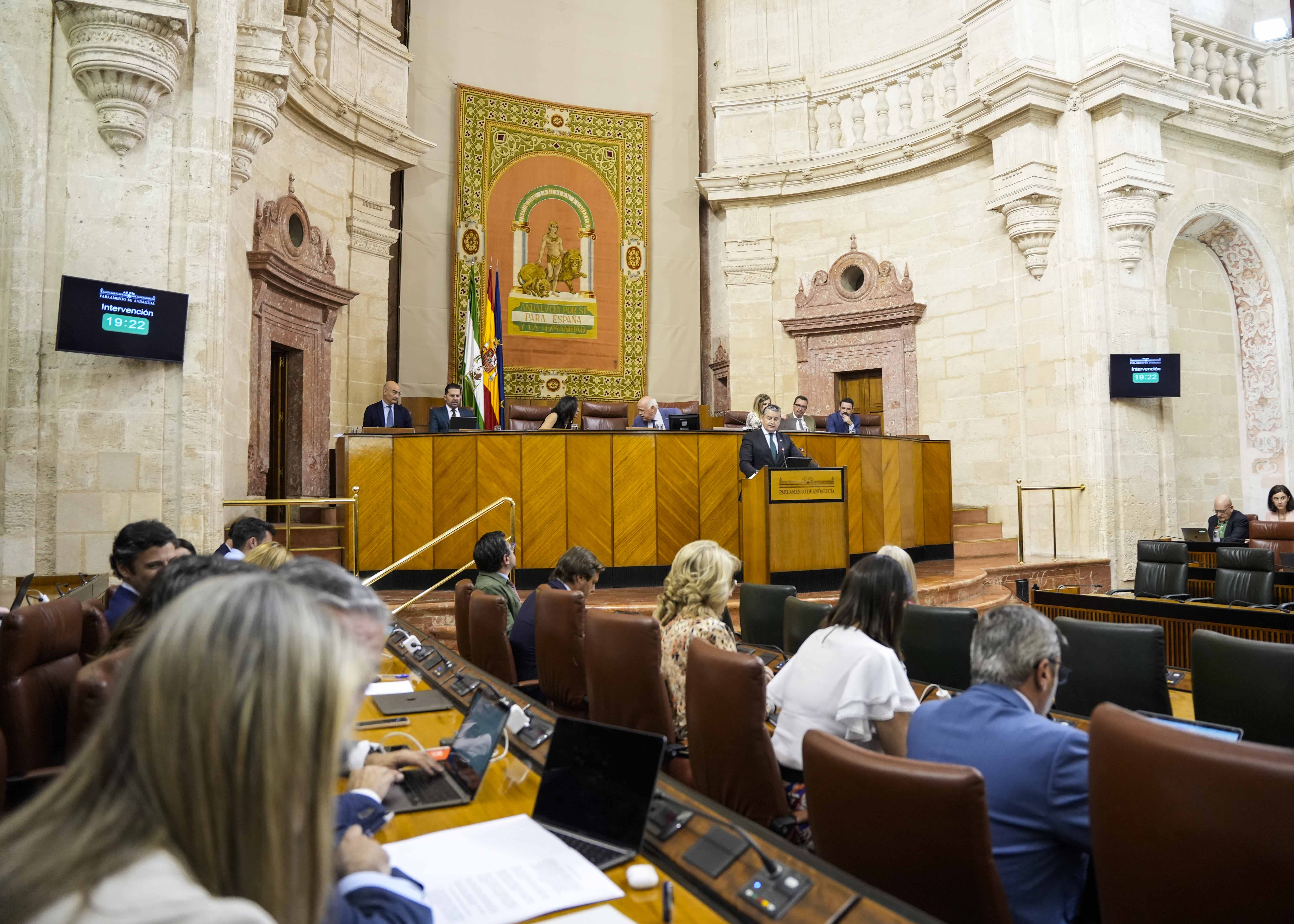 Mesa del Parlamento de Andaluca durante la intervencin del consejero de la Presidencia, Antonio Sanz 