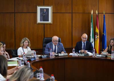  Jess Aguirre, presidente del Parlamento; las vicepresidentas Ana Mestre, Irene Garca y Mercedes Rodrguez; y Manuel Carrasco, letrado mayor, en la Junta de Portavoces de hoy 3 de julio