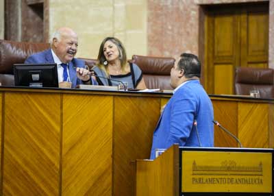 El presidente del Parlamento, Jess Aguirre, y la vicepresidenta segunda, Irene Garca, conversan con el diputado Vctor Manuel Torres antes de que presente la mocin 