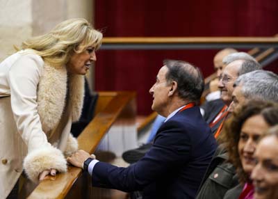 La consejera de Economa, Carolina Espaa, se acerca a la tribuna de pblico y autoridades tras el debate de la proposicin de ley 