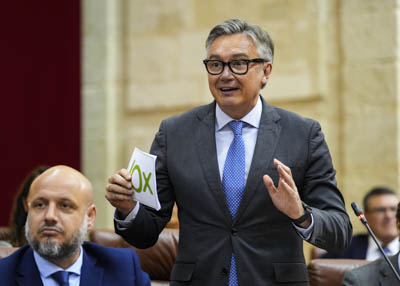 El portavoz del G.P. Vox en Andalucía, Manuel Gavira, pregunta al presidente sobre las políticas en Andalucía 