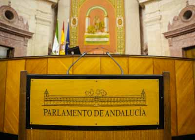 Imagen del atril en el que, en unos instantes, comparecer el presidente para informar sobre la situacin poltica de la Comunidad Autnoma de Andaluca 