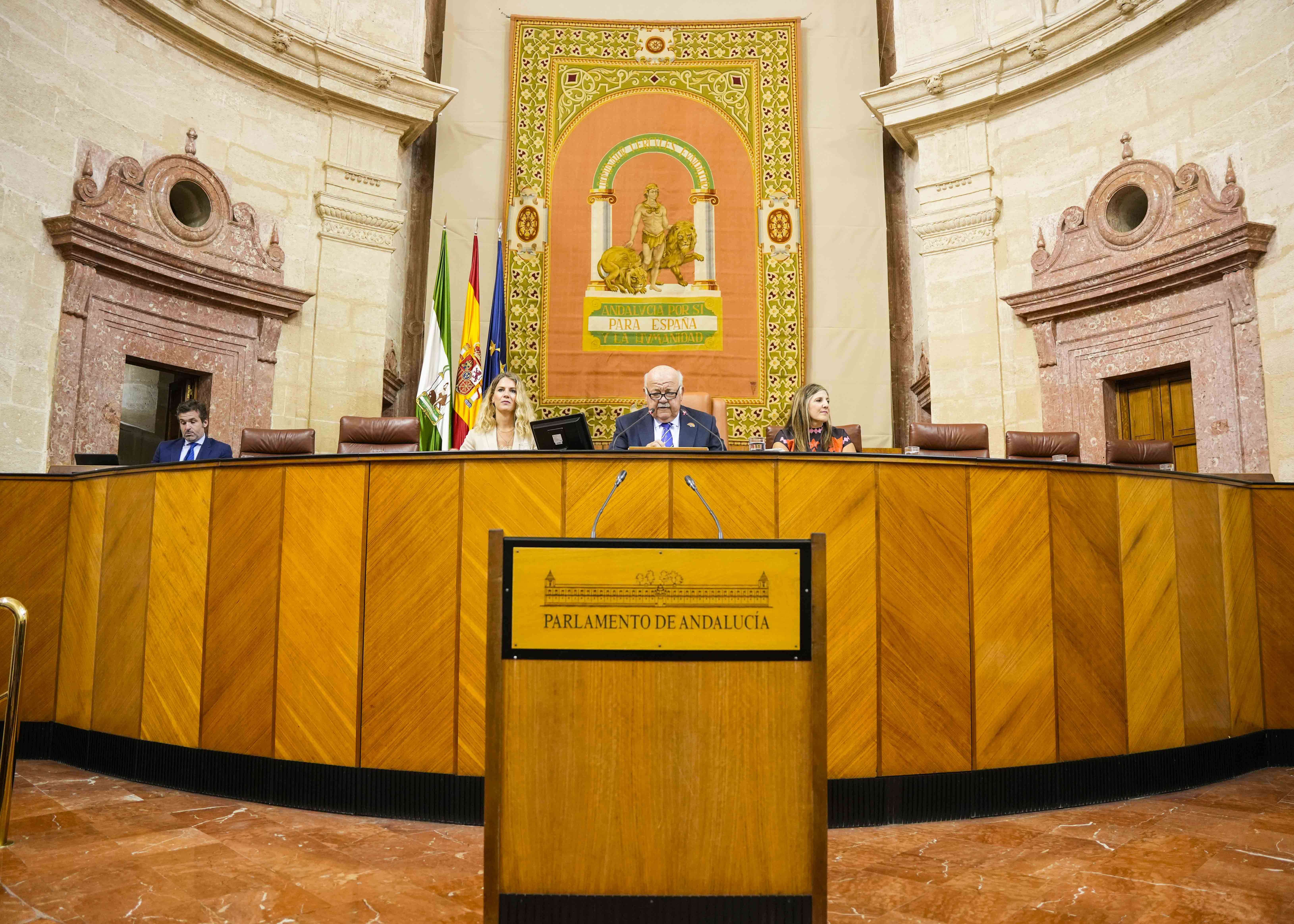 El presidente del Parlamento, Jess Aguirre; la vicepresidenta primera, Ana Mestre; y la vicepresidenta segunda, Irene Garca, minutos antes de reanudar la sesin  plenaria 