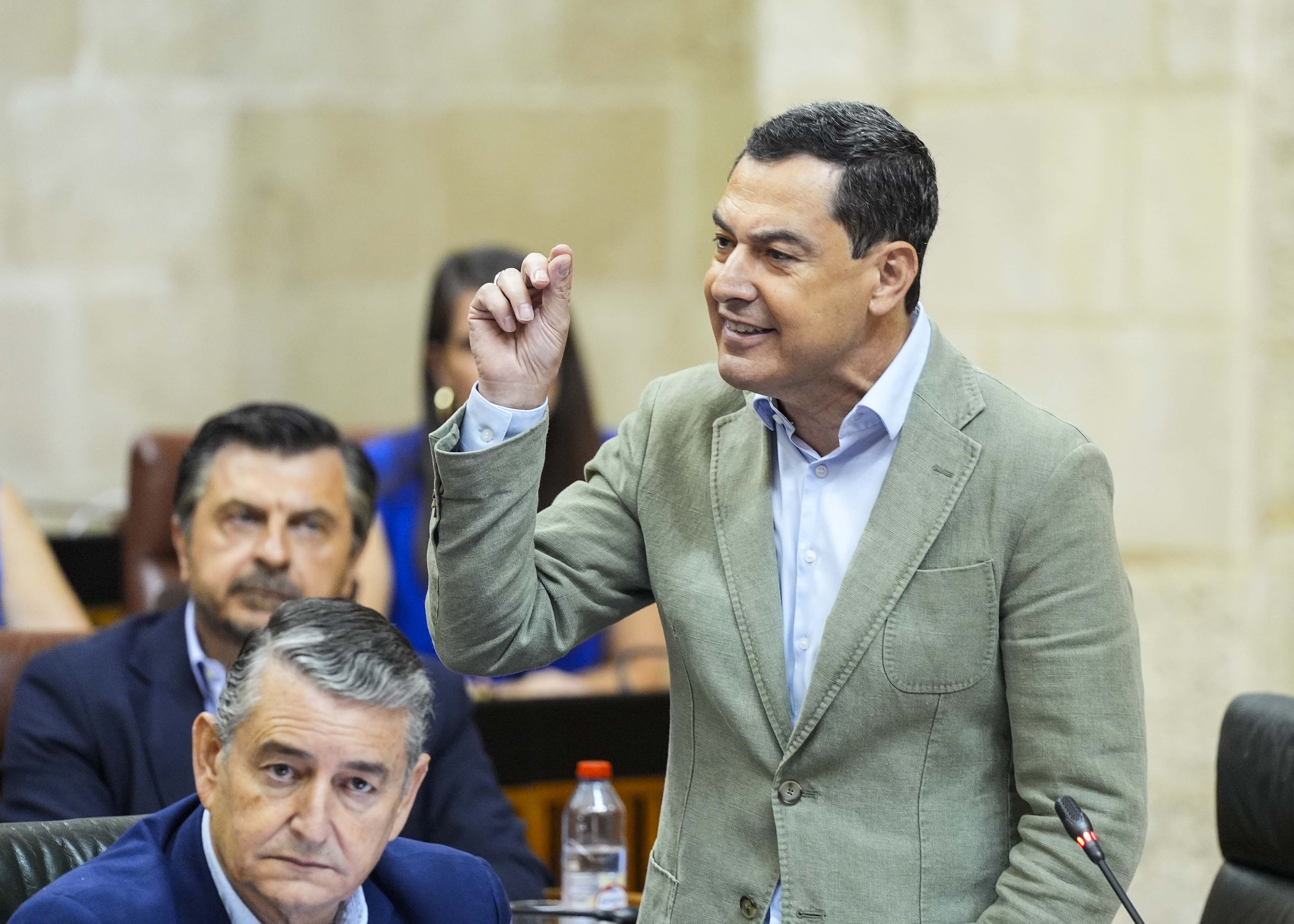 El presidente de la Junta de Andaluc�a, Juan Manuel Moreno, en una de sus intervenciones de hoy 