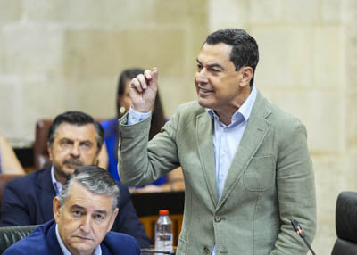 El presidente de la Junta de Andaluc�a, Juan Manuel Moreno, en una de sus intervenciones de hoy 