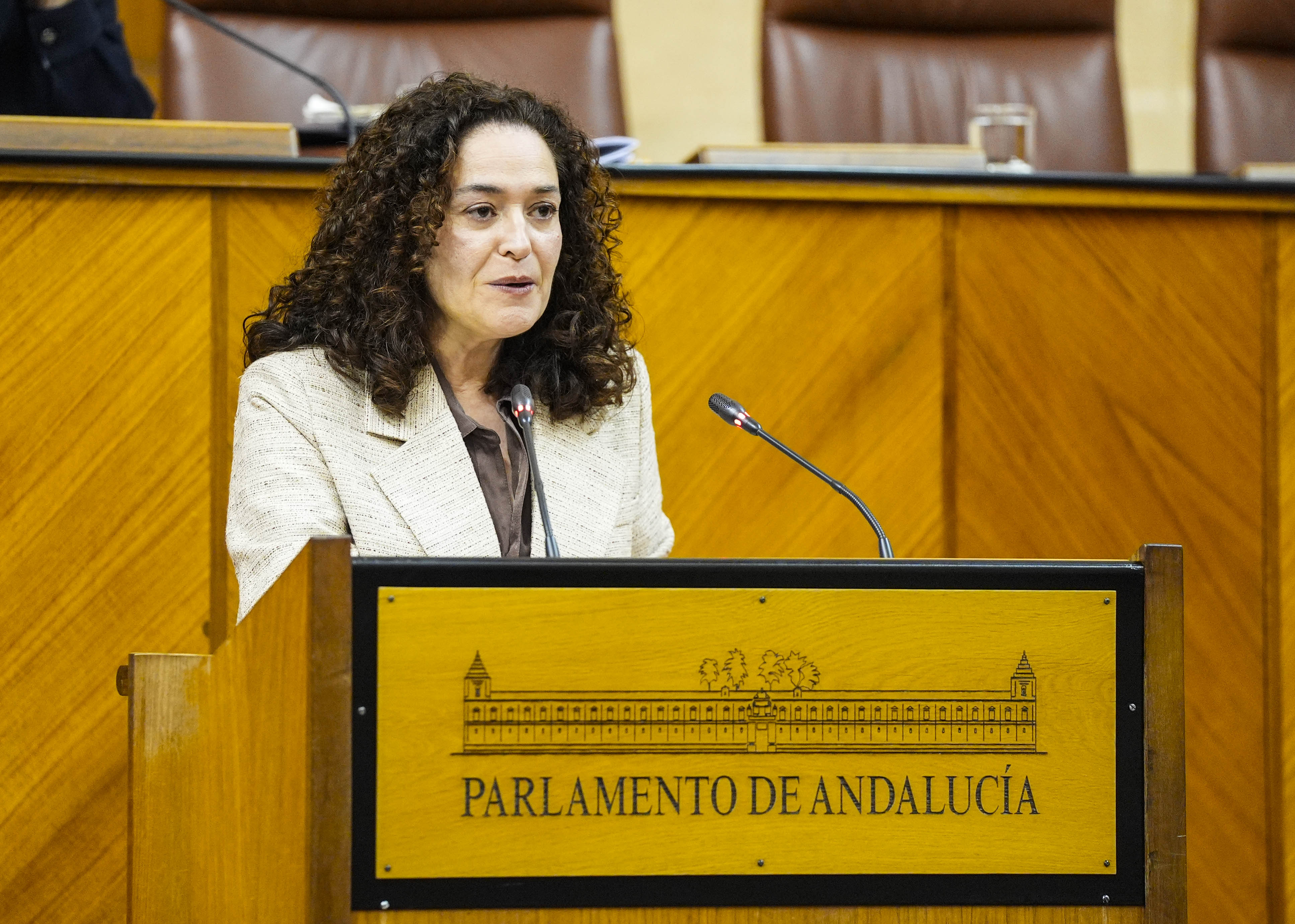 La portavoz de Por Andaluca, Inmaculada Nieto, argumenta la enmienda de totalidad de su grupo al Proyecto de Ley del Presupuesto 
 