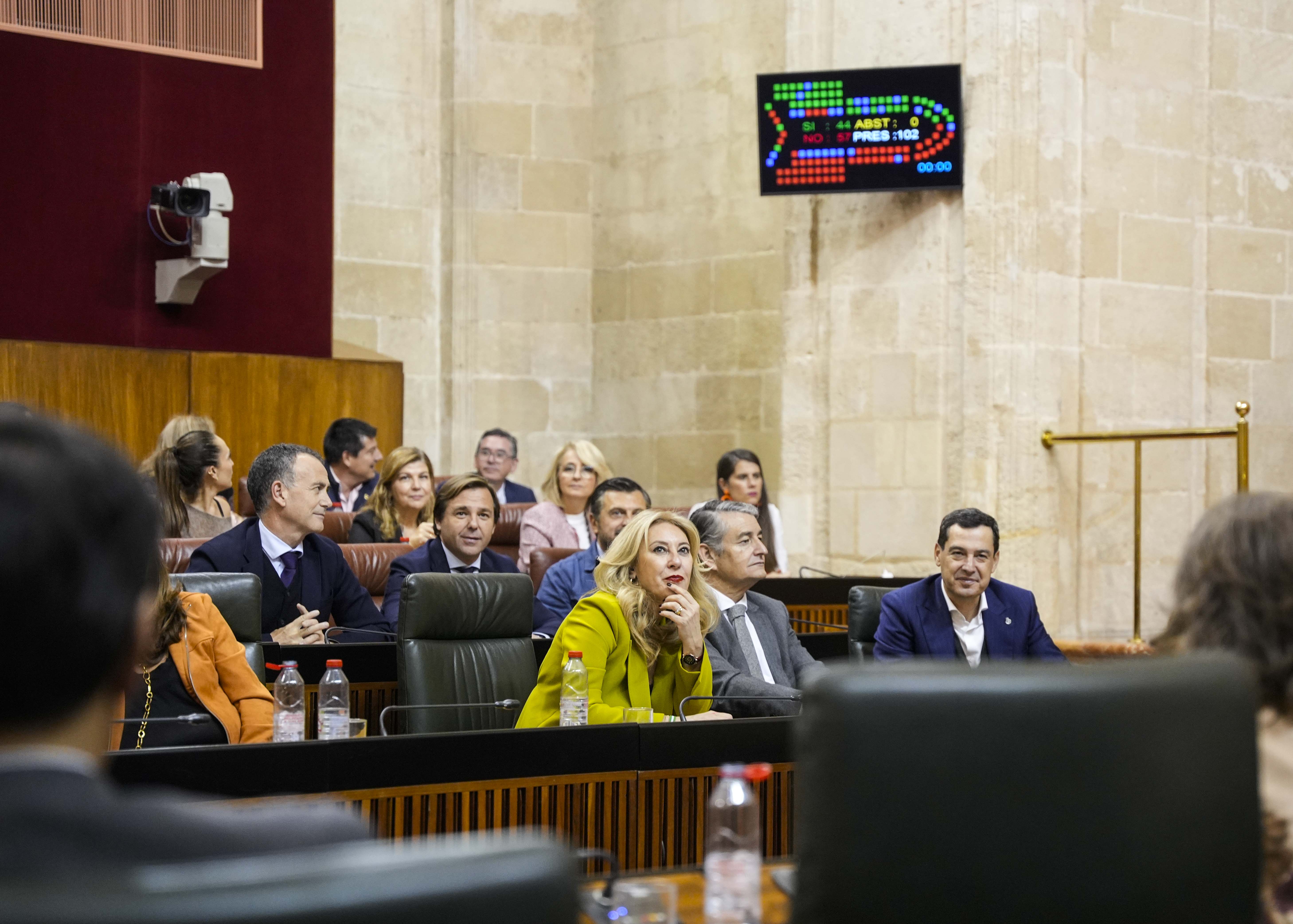La consejera de Economa, Carolina Espaa, y el presidente de la Junta de Andaluca, Juan Manuel Moreno, con el panel de votacin al fondo 