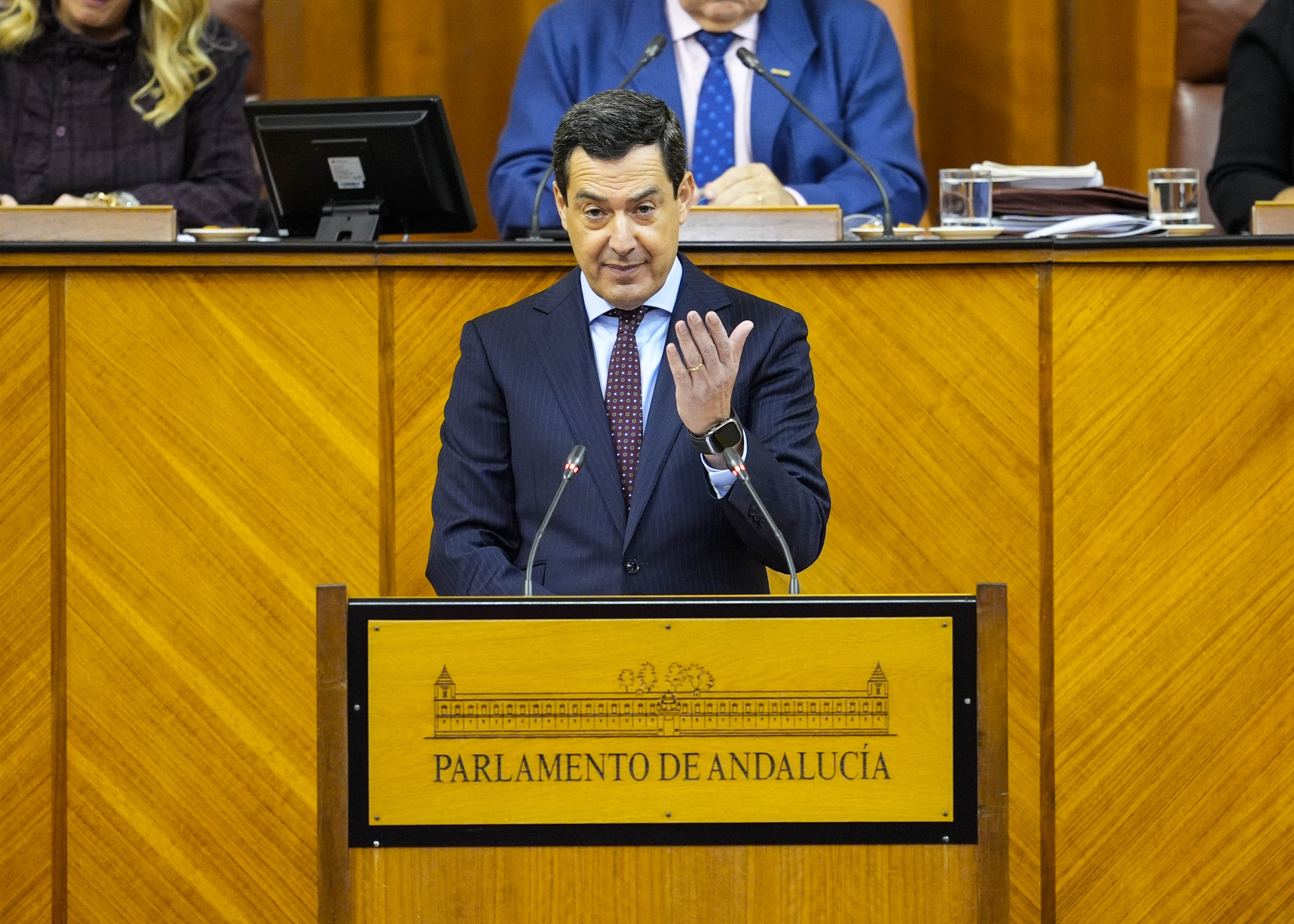 Juan Manuel Moreno, presidente del Gobierno andaluz, en una de sus intervenciones en el d�a de hoy