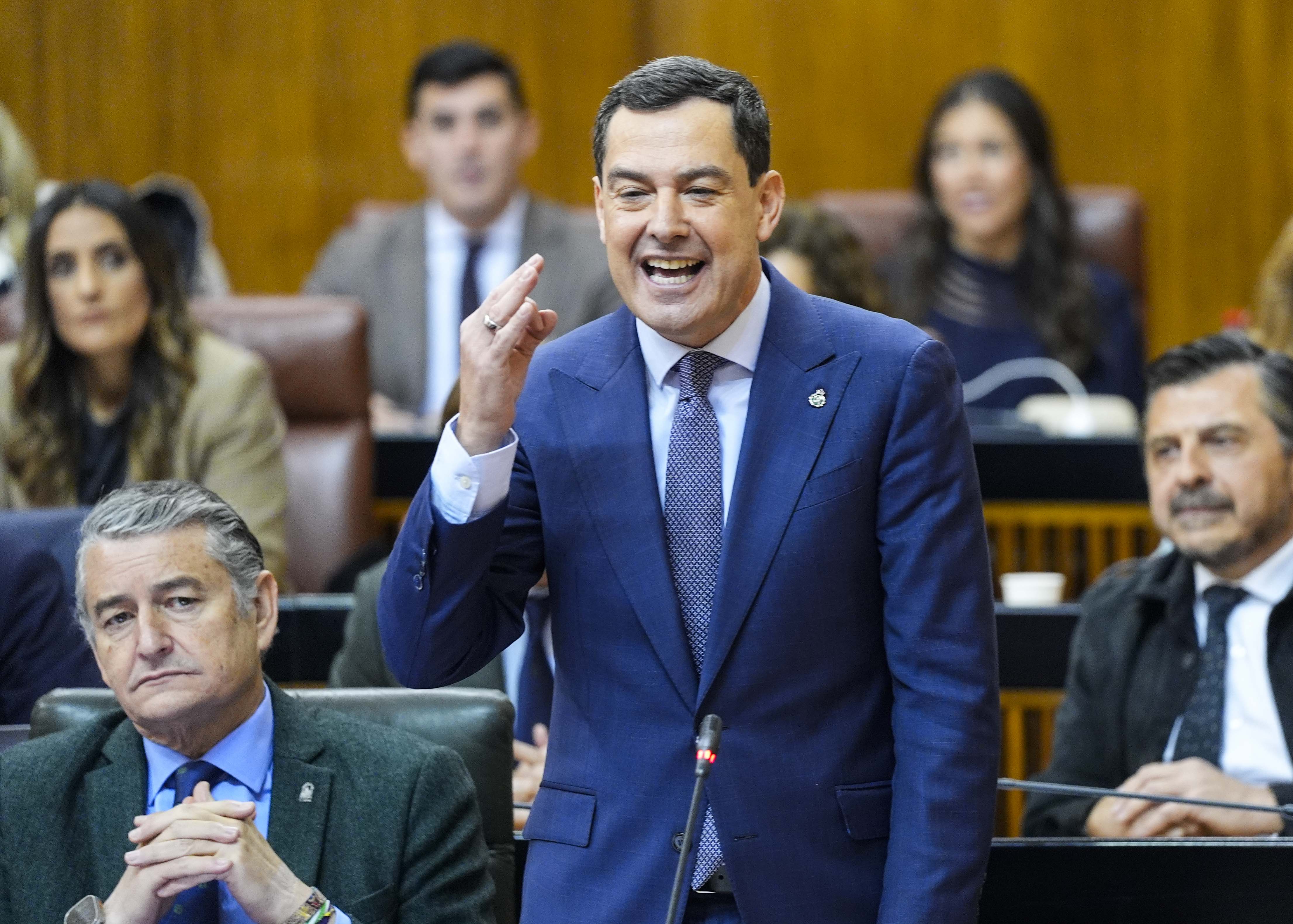 El presidente de la Junta de Andaluc�a, Juan Manuel Moreno, en una de sus intervenciones 