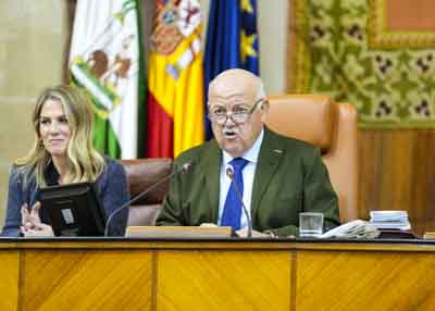 Jes�s Aguirre, presidente del Parlamento, y la vicepresidenta primera, Ana Mar�a Mestre, en un momento de la sesi�n 