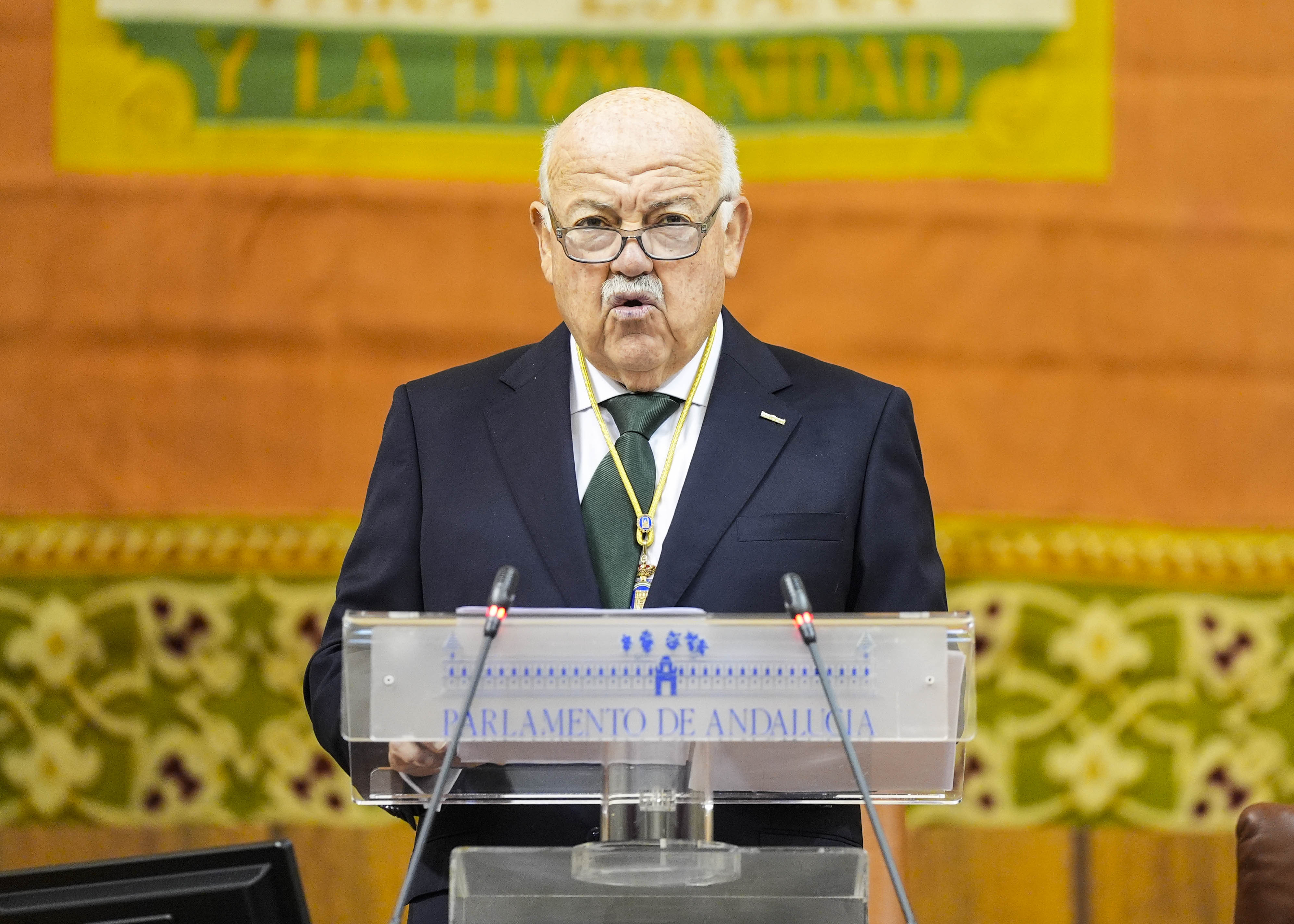  El presidente del Parlamento, Jes�s Aguirre, se dirige a la C�mara durante el Pleno Institucional del 28 de febrero