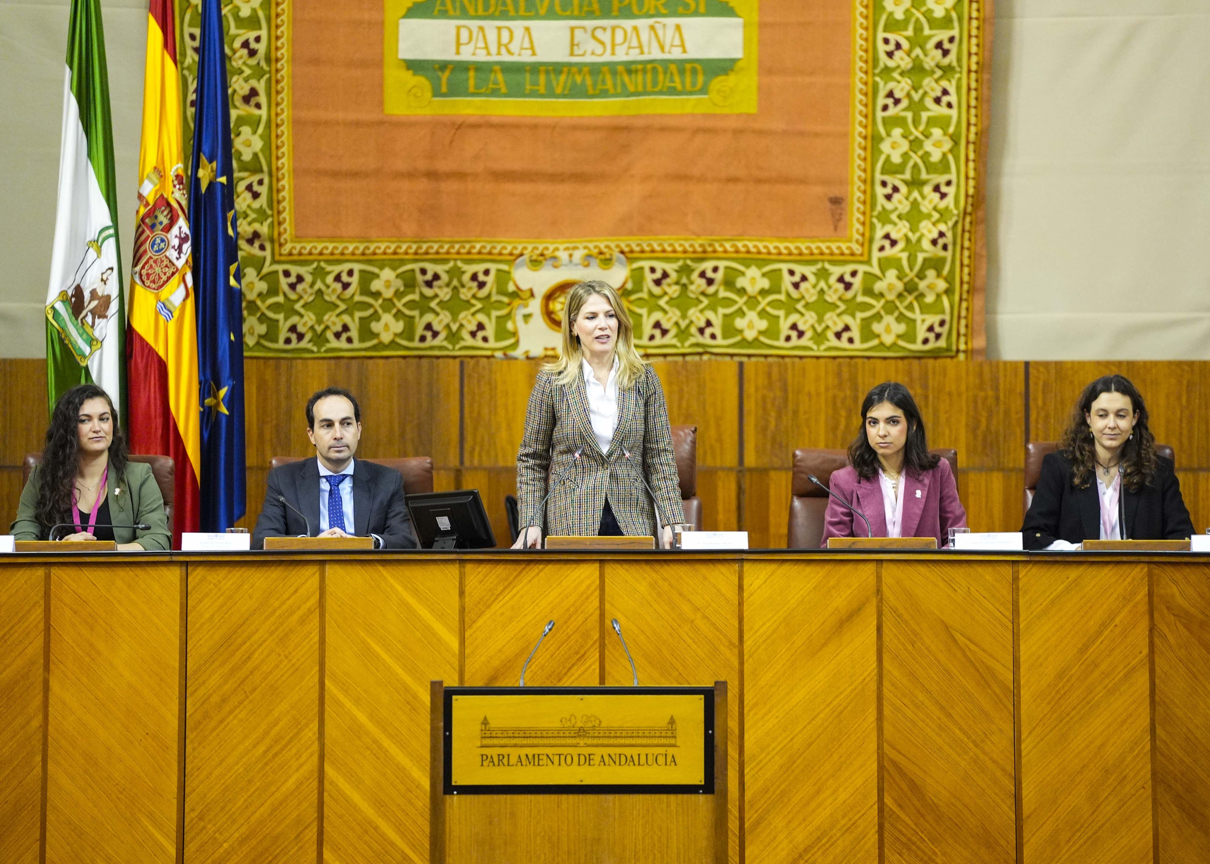  Ana M. Mestre, vicepresidenta primera del Parlamento, da la bienvenida a los participantes en la Simulaci�n del Parlamento de Andaluc�a (SIPA) organizado por C�novas Fundaci�n