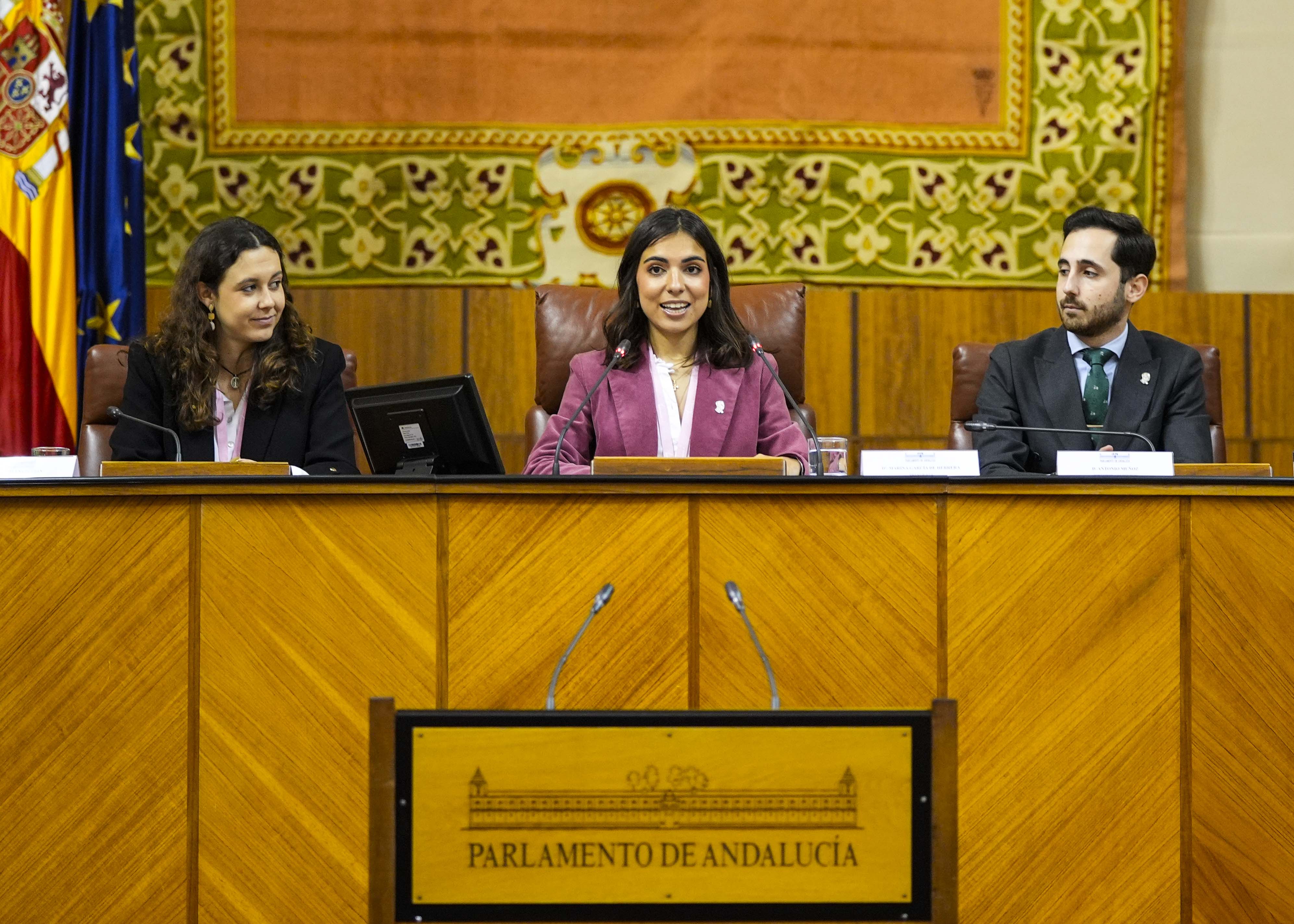  La presidenta del Parlamento Simulado, Marina Garc�a, preside la sesi�n junto a Helena Durban, vicepresidenta, y Antonio Mu�oz, director acad�mico de C�novas Fundaci�n