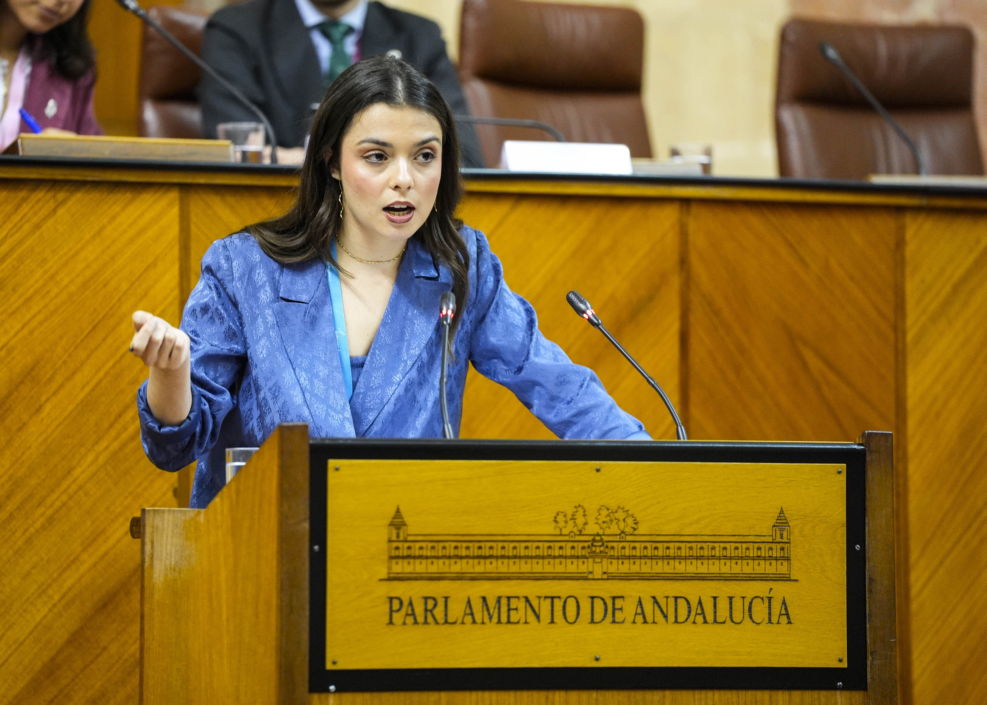 Alicia Valverde, presidenta de la Junta en la simulaci�n del Parlamento, solicita el voto favorable a su gesti�n desde la tribuna de oradores