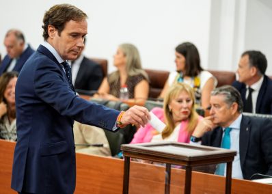   El portavoz de Vox, Javier Cort�s, durante la votaci�n de los senadores auton�micos