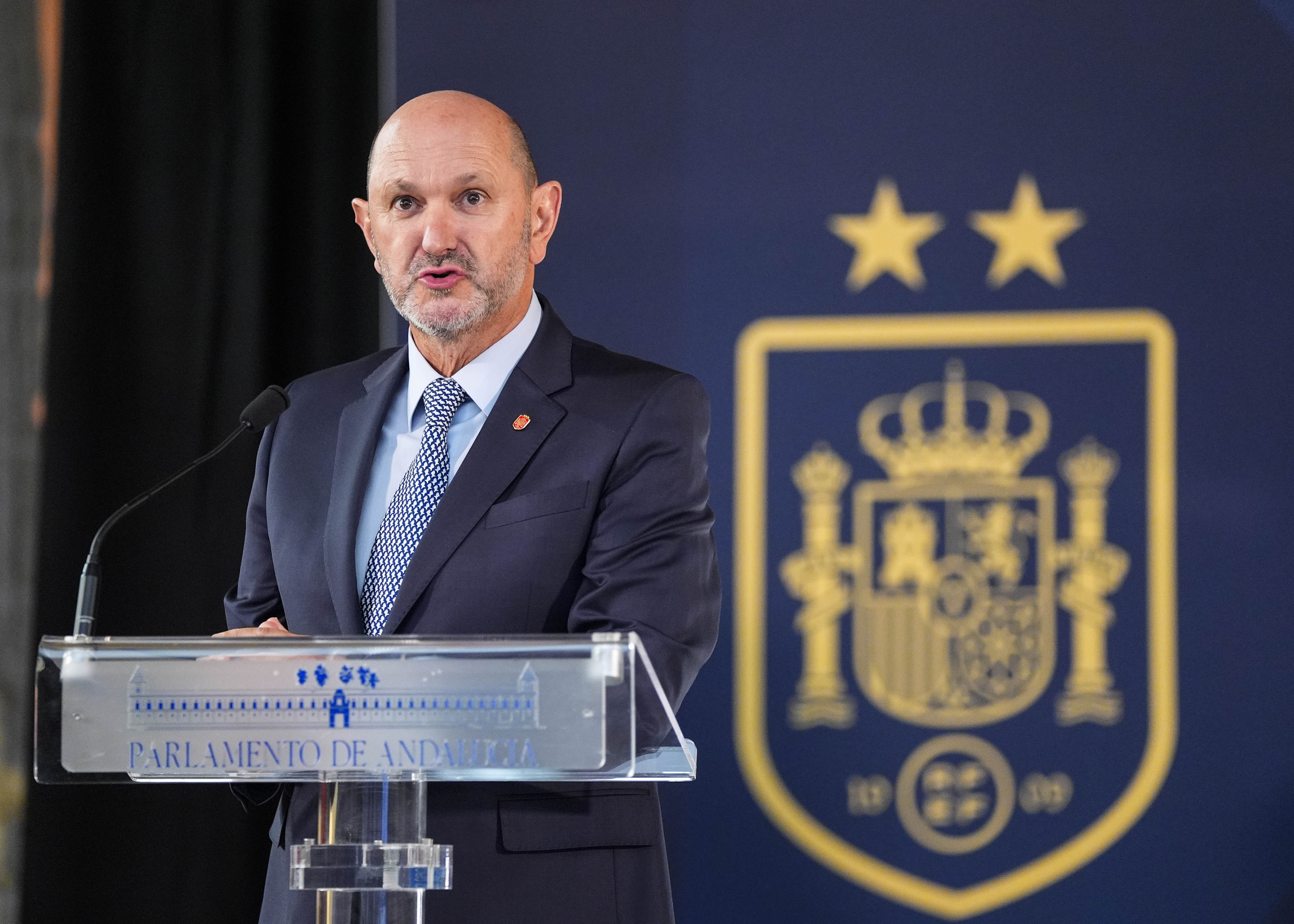  El presidente de la Real Federaci�n Espa�ola de F�tbol, Rafael Louzan, toma la palabra