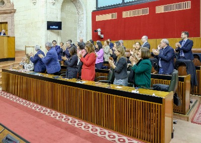  La bancada del Grupo Socialista aplaude a Susana Daz tras una de sus intervenciones en el debate