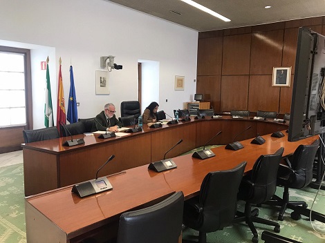   La presidenta del Parlamento de Andaluca, Marta Bosquet, y el letrado Mayor de la Cmara al inicio de la Junta de Portavoces