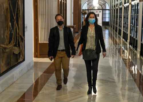  Los diputados Erik Domnguez y Ana Vanessa Garca, del Grupo Popular Andaluz, se dirigen a la sesin

 